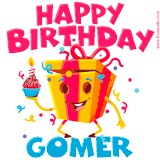 A vibrant and funny gift box character with a happy face dancing with a cupcake and the text 'Happy Birthday Gomer,' surrounded by animated confetti and party vibes.
