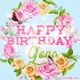 A charming animated GIF featuring 'Happy Birthday Gona' in pink and green text, surrounded by delicate roses, leaves, and fluttering butterflies on a soft light blue pastel background.