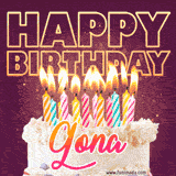 A colorful birthday cake topped with lit candles, with the words 'Happy Birthday Gona' in bold glowing letters on a burgundy background. Animated flames add a festive touch.