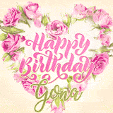 A stunning heart made of pink roses surrounds the elegant script text 'Happy Birthday Gona' on a soft beige background. Animated sparkles add a magical and festive feel.