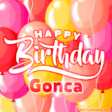 A vibrant name GIF featuring colorful balloons in shades of pink, orange, and yellow with the bold text 'Happy Birthday Gonca' in festive fonts, creating a lively birthday vibe.
