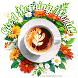 A coffee cup surrounded by vibrant flowers with the text 'Good Morning World!' in lively fonts.