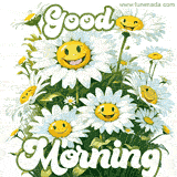 A bouquet of cheerful daisies with smiling faces and the text 'Good Morning' in bold green lettering.
