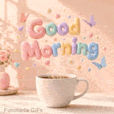 A white cup of steaming coffee sits on a table below large glossy 3D pastel letters spelling Good Morning, surrounded by floating butterflies, daisy flowers, and stars.