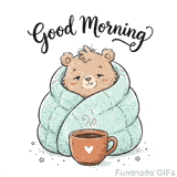Charming sketch of a tiny sluggish bear wrapped in a thick sleeping bag, positioned in front of a warm cup with a heart design and small stars scattered on the floor.