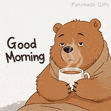 A sleepy brown cartoon bear wrapped in a light brown shawl holds a white ceramic mug of hot coffee with rising steam waves against a plain light background.