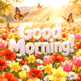 Sunny meadow filled with colorful tulips, poppies, and daffodils, featuring a large white 3D text that reads 'Good Morning!' under flying orange butterflies.