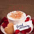Good morning coffee, animated hearts and roses gif