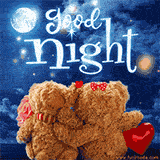 Two teddy bears hugging under a starry night sky, with a glowing 'Good Night' message and a bright full moon in the background.