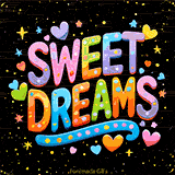 Colorful animated 'Sweet Dreams' GIF with bold rainbow letters, stars, and hearts on a dark background.