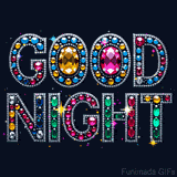Animated  Good Night  message made of sparkling gems in colorful shades of blue, yellow, pink, and green on a dark background.