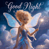 Enchanting GIF of a delicate fairy with shimmering wings and a magic wand, standing under clouds with 'Good Night' text in soft white calligraphy.