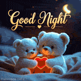Two cute, white teddy bears sit together on a cozy blanket. They are holding a single, glowing red heart between them. The text 'Good Night' is written in a gold script above.
