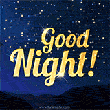Bright golden 'Good Night!' text glowing over a peaceful night sky filled with small twinkling stars.