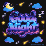 Vibrant Good Night greeting with soft blue clouds, glowing stars, and 'Zzz' symbols floating around large, round purple and blue letters against a solid black background.