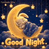 A cute fluffy white rabbit sleeps soundly on a glowing golden crescent moon, wrapped in a blue star-studded blanket among hanging star ornaments and soft clouds.