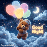 A cute 3D teddy bear wearing a striped nightcap floats high above fluffy clouds, holding a bunch of glowing pastel balloons. A crescent moon and stars light up the Good Night text.