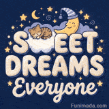 A cute sleeping tabby kitten on a fluffy cloud next to a smiling crescent moon wearing a nightcap above Sweet Dreams Everyone text on dark blue with stars.