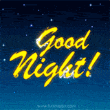 Bright yellow 'Good Night!' neon text glowing against a deep blue night sky with small sparkling stars.
