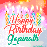 Bright birthday candles with rainbow flames on a cake, alongside the text 'Happy Birthday Gopinath' in vibrant script in this celebratory animated GIF.