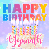A vibrant animated name GIF with the words 'Happy Birthday Gopinath' with colorful candles on a creamy cake. The background sparkles with pastel shades, adding a festive touch.
