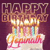 A colorful birthday cake topped with lit candles, with the words 'Happy Birthday Gopinath' in bold glowing letters on a burgundy background. Animated flames add a festive touch.
