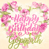 A stunning heart made of pink roses surrounds the elegant script text 'Happy Birthday Gopinath' on a soft beige background. Animated sparkles add a magical and festive feel.