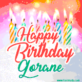 Bright birthday candles with rainbow flames on a cake, alongside the text 'Happy Birthday Gorane' in vibrant script in this celebratory animated GIF.