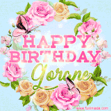 A charming animated GIF featuring 'Happy Birthday Gorane' in pink and green text, surrounded by delicate roses, leaves, and fluttering butterflies on a soft light blue pastel background.