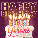 A colorful birthday cake topped with lit candles, with the words 'Happy Birthday Gorane' in bold glowing letters on a burgundy background. Animated flames add a festive touch.