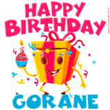 A vibrant and funny gift box character with a happy face dancing with a cupcake and the text 'Happy Birthday Gorane,' surrounded by animated confetti and party vibes.