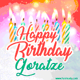 Bright birthday candles with rainbow flames on a cake, alongside the text 'Happy Birthday Goratze' in vibrant script in this celebratory animated GIF.