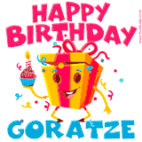 A vibrant and funny gift box character with a happy face dancing with a cupcake and the text 'Happy Birthday Goratze,' surrounded by animated confetti and party vibes.