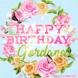 A charming animated GIF featuring 'Happy Birthday Gordana' in pink and green text, surrounded by delicate roses, leaves, and fluttering butterflies on a soft light blue pastel background.