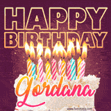 A colorful birthday cake topped with lit candles, with the words 'Happy Birthday Gordana' in bold glowing letters on a burgundy background. Animated flames add a festive touch.