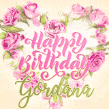 A stunning heart made of pink roses surrounds the elegant script text 'Happy Birthday Gordana' on a soft beige background. Animated sparkles add a magical and festive feel.
