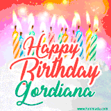 Bright birthday candles with rainbow flames on a cake, alongside the text 'Happy Birthday Gordiana' in vibrant script in this celebratory animated GIF.