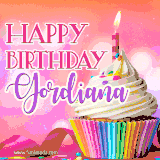 A vibrant birthday GIF featuring a rainbow-colored cupcake topped with white frosting, sprinkles, and a lit candle. The text reads 'Happy Birthday Gordiana' in bold pink and violet letters with white outline.