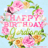 A charming animated GIF featuring 'Happy Birthday Gordiana' in pink and green text, surrounded by delicate roses, leaves, and fluttering butterflies on a soft light blue pastel background.