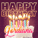A colorful birthday cake topped with lit candles, with the words 'Happy Birthday Gordiana' in bold glowing letters on a burgundy background. Animated flames add a festive touch.
