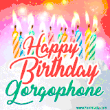 Bright birthday candles with rainbow flames on a cake, alongside the text 'Happy Birthday Gorgophone' in vibrant script in this celebratory animated GIF.