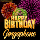 A golden 'Happy Birthday Gorgophone' message with vibrant fireworks in the background, creating a festive and celebratory vibe in this animated name GIF.