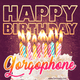 A colorful birthday cake topped with lit candles, with the words 'Happy Birthday Gorgophone' in bold glowing letters on a burgundy background. Animated flames add a festive touch.