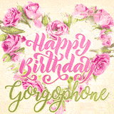 A stunning heart made of pink roses surrounds the elegant script text 'Happy Birthday Gorgophone' on a soft beige background. Animated sparkles add a magical and festive feel.