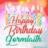 Bright birthday candles with rainbow flames on a cake, alongside the text 'Happy Birthday Gormlaith' in vibrant script in this celebratory animated GIF.