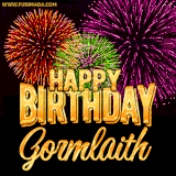 A golden 'Happy Birthday Gormlaith' message with vibrant fireworks in the background, creating a festive and celebratory vibe in this animated name GIF.