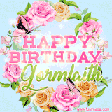 A charming animated GIF featuring 'Happy Birthday Gormlaith' in pink and green text, surrounded by delicate roses, leaves, and fluttering butterflies on a soft light blue pastel background.