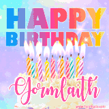 A vibrant animated name GIF with the words 'Happy Birthday Gormlaith' with colorful candles on a creamy cake. The background sparkles with pastel shades, adding a festive touch.