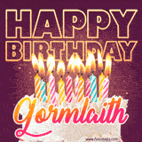 A colorful birthday cake topped with lit candles, with the words 'Happy Birthday Gormlaith' in bold glowing letters on a burgundy background. Animated flames add a festive touch.
