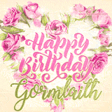 A stunning heart made of pink roses surrounds the elegant script text 'Happy Birthday Gormlaith' on a soft beige background. Animated sparkles add a magical and festive feel.